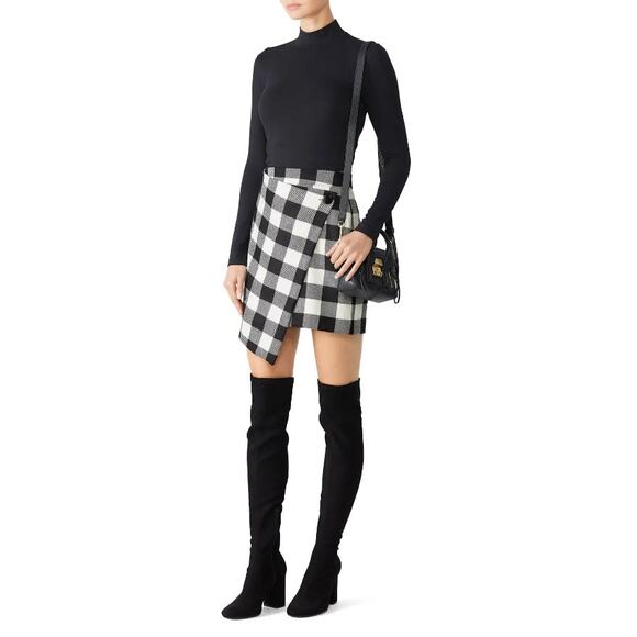 Milly Size 0 Black White Plaid Asymmetric Wrap Skirt Virgin Wool Exposed Button - Picture 9 of 12